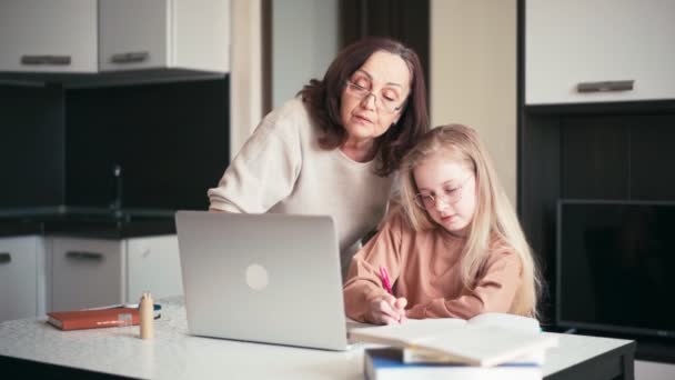 Une bonne grand-mère à lunettes aidant sa petite-fille avec ses devoirs — Video