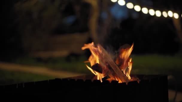 Płonące kłody w grillu w nocy na zewnątrz — Wideo stockowe