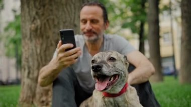 Yakışıklı sakallı bir adam sevimli gri köpeğini kucaklıyor ve selfie çekiyor.