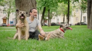 Yakışıklı sakallı bir adam parktaki çimenlerde iki köpeğiyle oturuyor..