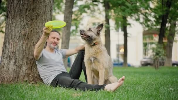 Een knappe man die een vliegende schijf speelt met zijn slimme grijze hond — Stockvideo