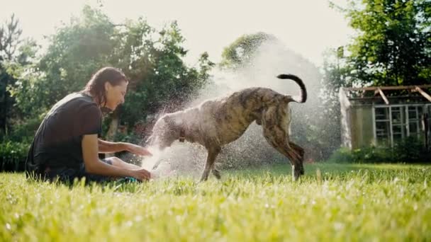 Una joven se refresca en un día caluroso bañándose a sí misma y a su perro con agua — Vídeos de Stock