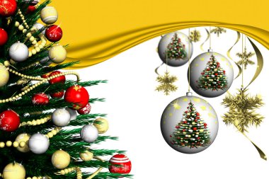 Noel zamanı. Noel süslemesi ve beyaz arka planla süslenmiş köknar ağacı.