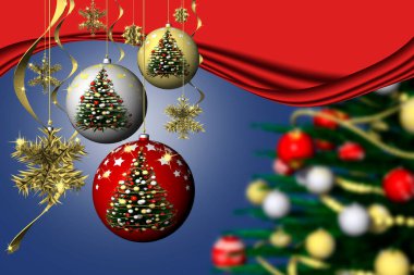Noel zamanı. Noel süslemesi ve mavi arka planla süslenmiş köknar ağacı.
