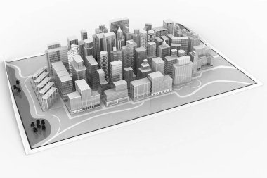 Üç boyutlu illüstrasyon. Yol haritası. Haritaya yerleştirilmiş şehirler, gökdelenler ve evler