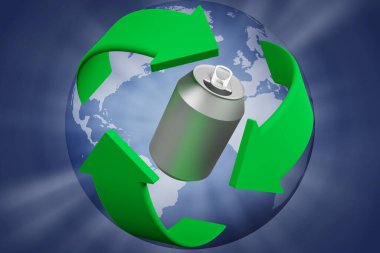 Üç boyutlu illüstrasyon. Ekoloji. Geri dönüşüm sembolü metal bir kutu etrafında döner.