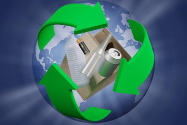 Üç boyutlu illüstrasyon. Ekoloji. Geri dönüşüm. Geri dönüşüm sembolü atıkların geri dönüştürülmesi etrafında dönüyor. 