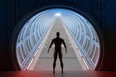 Üç boyutlu illüstrasyon. İnsanlığı temsil eden adam tünelin önünde duruyor. Bu tünelin geleceği, umudu, bilimsel keşfi, ilerlemeyi, bilgi ve uzayın fethini temsil ediyor..