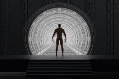 Üç boyutlu illüstrasyon. İnsanlığı temsil eden adam tünelin önünde duruyor. Bu tünelin geleceği, umudu, bilimsel keşfi, ilerlemeyi, bilgi ve uzayın fethini temsil ediyor..
