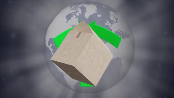 Videó Animáció Ökológia Újrahasznosítás Újrahasznosítás Szimbólum Egy Kartondoboz Papír Körül — Stock videók