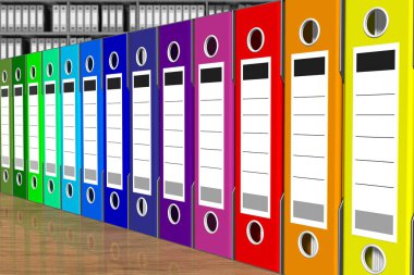 Üç boyutlu illüstrasyon. Belge sınıflandırması için çeşitli renk cüzdanlarının dizinleri. Veritabanı