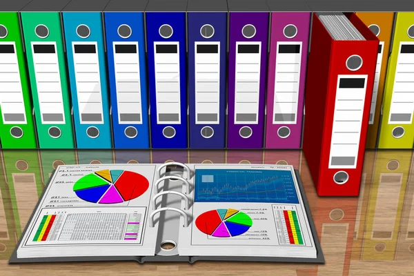 3D插图 一系列不同颜色的文件夹用于文档分类 数据库 — 图库照片