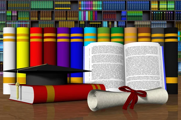 3D插图 帽子和文凭 以书本和论文为背景 — 图库照片
