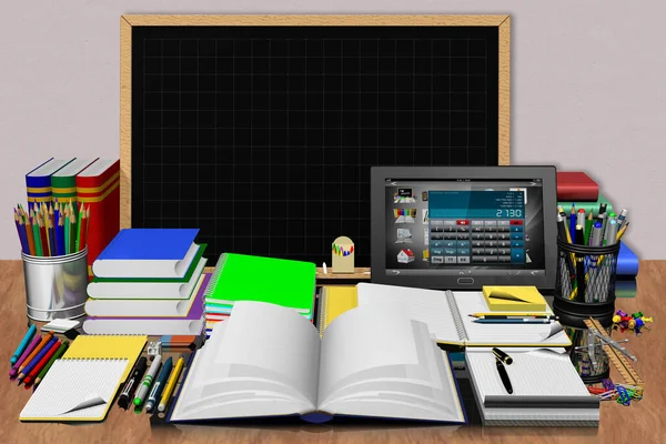 3Dイラスト オフィスで使用される文房具とテキストを挿入するための中央の黒板 — ストック写真