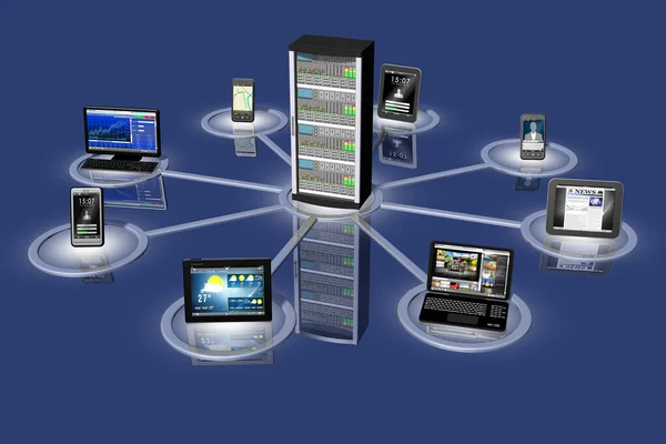 Üç boyutlu illüstrasyon. Bilgisayar sistemlerinin, bilgisayarların, tabletlerin, akıllı telefonların, birbirleriyle ve merkezi bir sunucuya bağlı hallerinin temsili