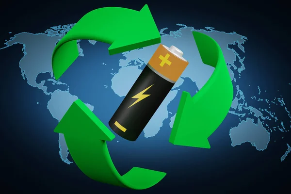 3D illustration. Video. Animation. Ecology. Ecology. Recycling symbol revolves around a pile, battery.