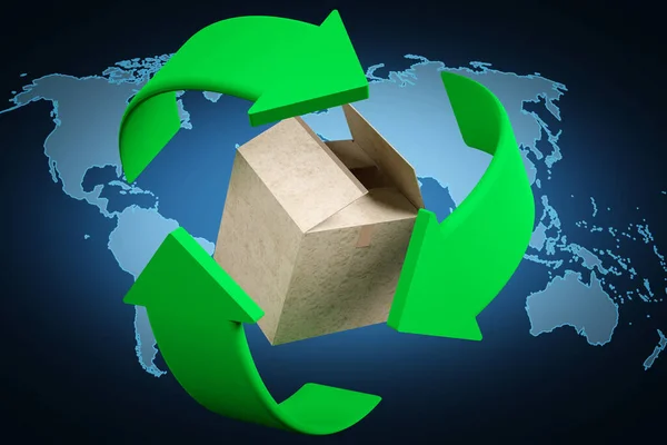 Ilustración Ecología Reciclaje Símbolo Reciclaje Gira Torno Una Caja Cartón — Foto de Stock