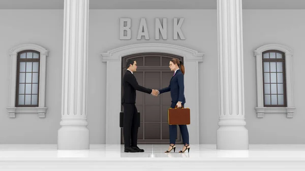 3D插图 银行或金融大楼前的商人和女商人 金融交易 — 图库照片