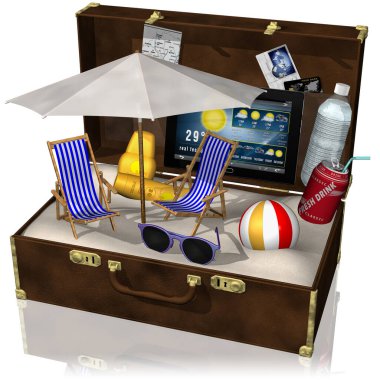 Üç boyutlu illüstrasyon. Deniz kıyısında bir tatil. Kumsalda içinde kum, şemsiye, sandalye, bardak ve güneş kremi olan bavul..