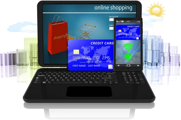 3d illustration. Electronic payment. Laptop, credit card and smartphone application as a symbol of online payments