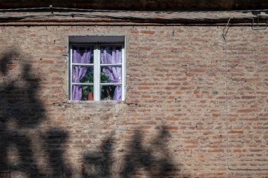 Penceresi perdeli ve süs bitkisi olan eski bir evin tuğla duvarı.