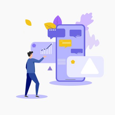 Adam ekranda web sitesiyle akıllı telefonun önünde duruyor. Mobil aygıtlar için UI veya UX tasarımı, kullanıcı deneyimi, dokunmatik ekran arayüzü kavramı