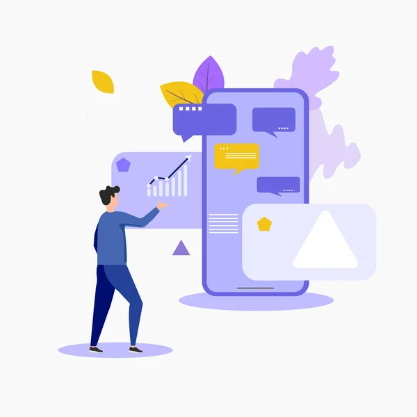 画面上のウェブサイトとスマートフォンの前に立つ男 UiまたはUxデザイン ユーザーエクスペリエンス モバイルデバイス用のタッチスクリーンインターフェイスの概念 — ストックベクタ