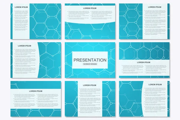 Set of modern business presentation templates in A4 size. Connection structure. Abstract background with molecule structure DNA and neurons — Stock Vector