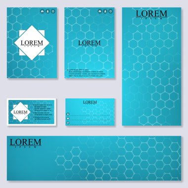 Broşür, el ilanı, ziyaret kartları ve afiş için modern şablonlar ayarlayın. Yapı molekülü Dna nöronlar. Tıp, bilim teknolojisi. Soyut arka plan. Vektör İllüstrasyonu.