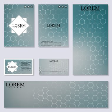 Broşür, el ilanı, ziyaret kartları ve afiş için modern şablonlar ayarlayın. Yapı molekülü Dna nöronlar. Tıp, bilim teknolojisi. Soyut arka plan. Vektör İllüstrasyonu.