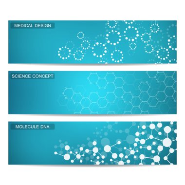 Modern bilimsel afiş kümesi. Molekül yapısı Dna ve nöronlar. Arka plan. Tıp, bilim, teknoloji. Vektör çizim tasarımınız için.