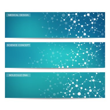 Modern bilimsel afiş kümesi. Molekül yapısı Dna ve nöronlar. Arka plan. Tıp, bilim, teknoloji. Vektör çizim tasarımınız için.