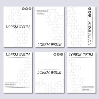 Broşür, el ilanı, A4 boyutunda dergisinde kapak için iş şablonları kümesi. Yapısı molekül Dna ve nöronlar. Geometrik arka plan. Tıp, bilim, teknoloji. Vektör çizim.