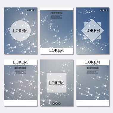 Broşür, el ilanı, A4 boyutunda dergisinde kapak için iş şablonları kümesi. Yapısı molekül Dna ve nöronlar. Geometrik arka plan. Tıp, bilim, teknoloji. Vektör çizim.