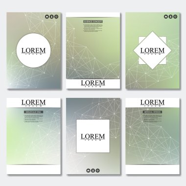 Broşür, el ilanı, A4 boyutunda dergisinde kapak için iş şablonları kümesi. Yapısı molekül Dna ve nöronlar. Geometrik arka plan. Tıp, bilim, teknoloji. Vektör çizim.