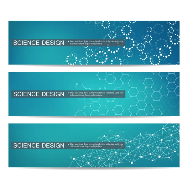 Conjunto de bandeiras científicas modernas. Estrutura molecular DNA e neurônios. Fundo abstrato. Medicina, ciência, tecnologia. Ilustração vetorial para o seu design . — Vetor de Stock