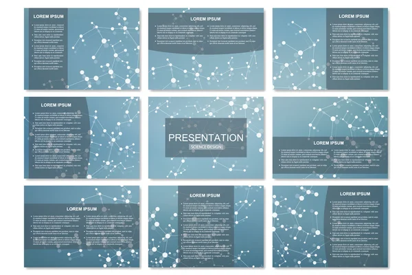 Satz moderner Präsentationsvorlagen im Format a4. Verbindungsstruktur. abstrakter Hintergrund mit Molekül Dna und Neuronen. Medizin, Wissenschaft, Technologiekonzept. Vektorillustration. — Stockvektor