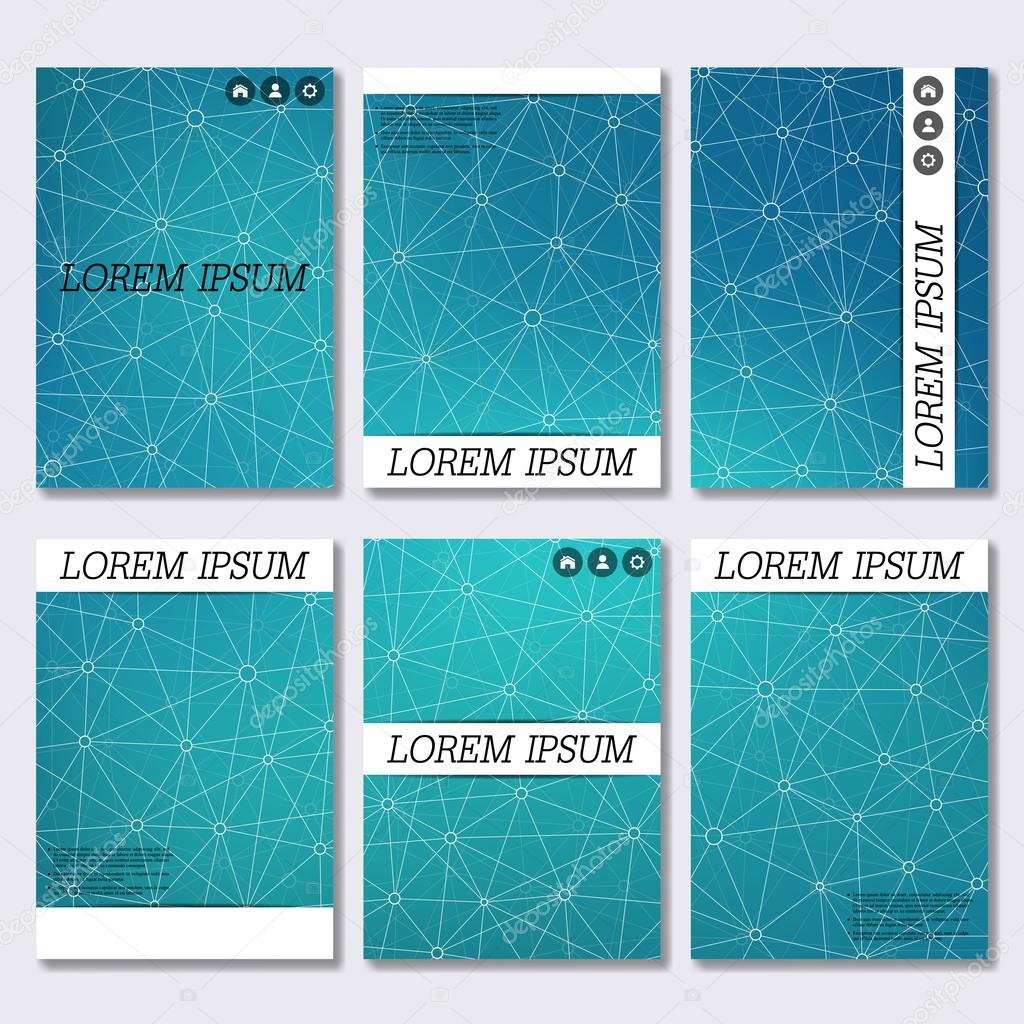 Set of business templates for brochure, flyer, cover magazine in A4 size. Structure molecule DNA and neurons. Geometric abstract background. Medicine, science, technology. Vector illustration.
