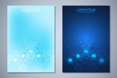 Broşür ya da kapak kitabı, sayfa düzeni, broşür tasarımı. Sağlık sektörü kavramı ve fikri, yenilikçi tıp, eczane, teknoloji. Düz simgeler ve sembollerle tıbbi arkaplan.