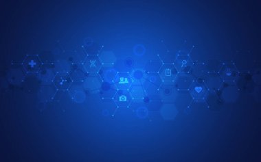 Düz simgeler ve sembollerle sağlık ve teknoloji kavramı. Sağlık sektörü için şablon tasarımı, yenilikçi tıp, bilim geçmişi, tıbbi araştırma. Vektör illüstrasyonu.