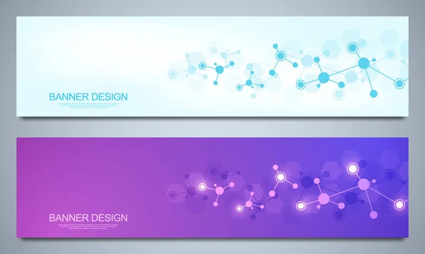 Plantilla de diseño de banners con estructuras moleculares y red neuronal. Moléculas abstractas y antecedentes de ingeniería genética. Concepto de ciencia e innovación tecnológica. — Vector de stock