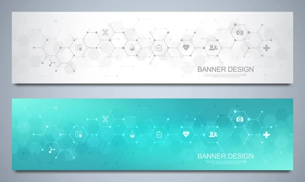 Plantilla de diseño de banners para la salud y la decoración médica con iconos y símbolos planos. Ciencia, medicina e innovación Concepto tecnológico. — Vector de stock