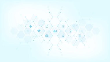 Düz simgeler ve sembollerle soyut tıbbi altyapı. Sağlık teknolojisi, yenilikçi tıp, sağlık, bilim ve araştırma için kavram ve fikir içeren şablon tasarımı.