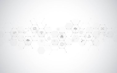 Düz simgeler ve sembollerle donatılmış teknoloji geçmişi. Nesnelerin konsepti ve fikri, iletişim, ağ, yenilik teknolojisi, sistem entegrasyonu.