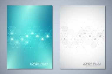 Broşür ya da kapak kitabı, sayfa düzeni, broşür tasarımı. Sağlık sektörü kavramı ve fikri, yenilikçi tıp, eczane, teknoloji. Düz simgeler ve sembollerle tıbbi arkaplan.