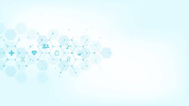 Düz simgeler ve sembollerle tıbbi arka plan. Sağlık teknolojisi, yenilikçi tıp, sağlık, bilim ve araştırma için kavram ve fikir içeren şablon tasarımı.