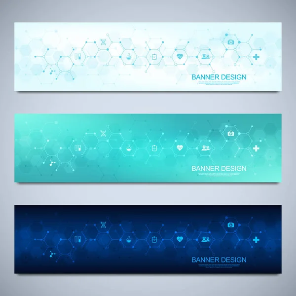 Banners modelo de design para cuidados de saúde e decoração médica com ícones planos e símbolos. Conceito de ciência, medicina e tecnologia da inovação. — Vetor de Stock