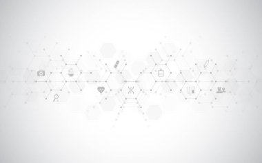 Düz simgeleri ve sembolleri olan tıbbi geçmiş ve sağlık teknolojisi. Sağlık sektörü, yenilikçi tıp, sağlık güvenliği, bilim için tasarım şablonu ve fikri.