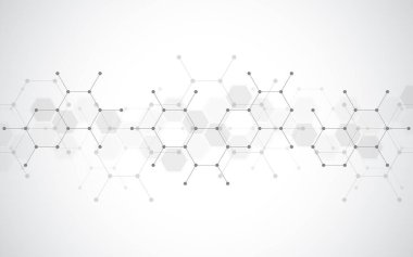 Geometrik soyut arkaplan ve altıgen desenli. Teknoloji, bilim ve tıbbi tasarım fikirleri. Vektör illüstrasyonu.