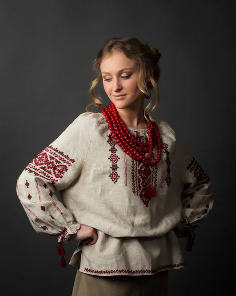 Beautiful happy cute young woman in Ukrainian embroidery — Stock Photo, Image